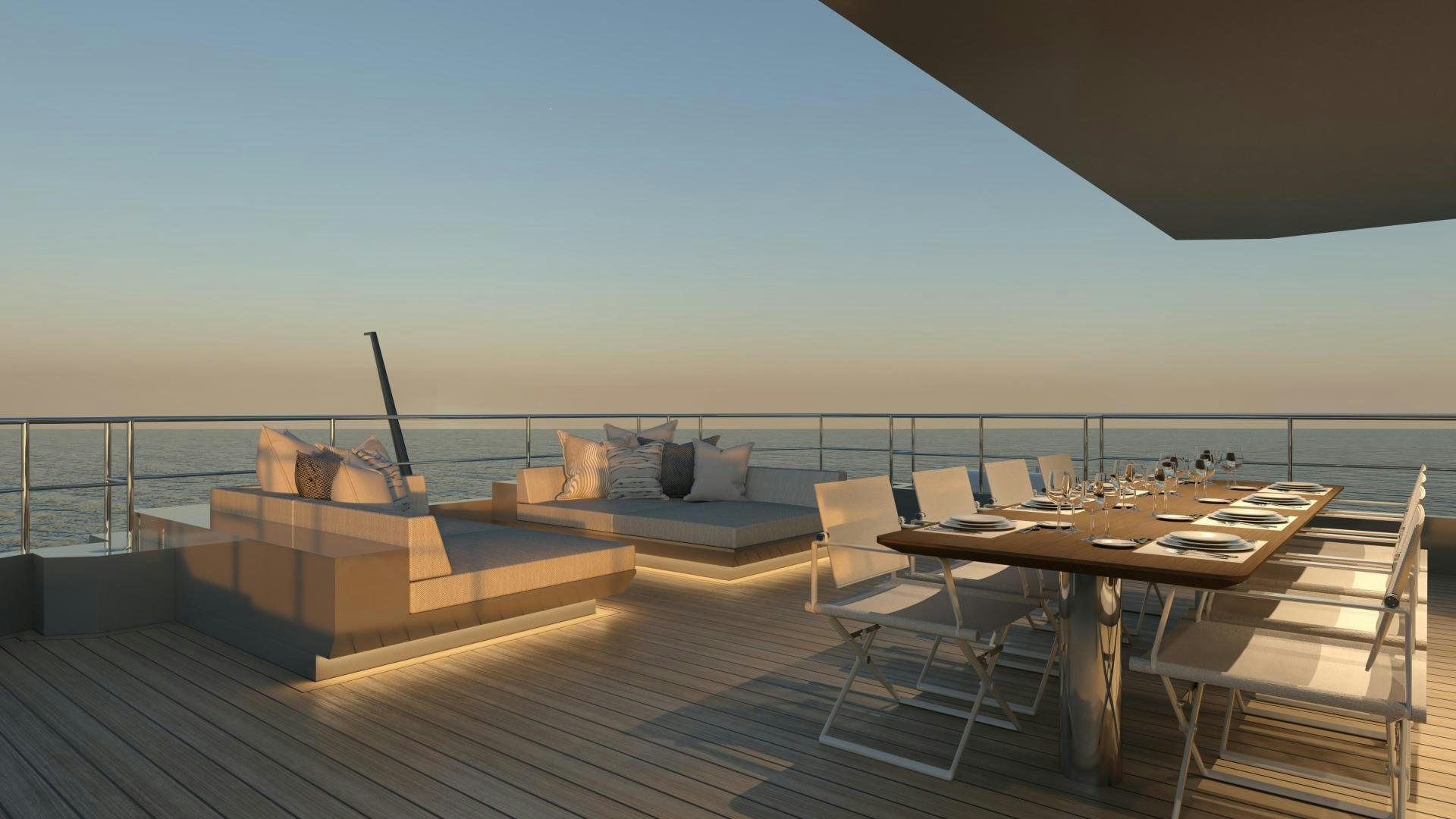 a deck with a table and chairs on it aboard HEKATE, P372 Yacht for Sale
