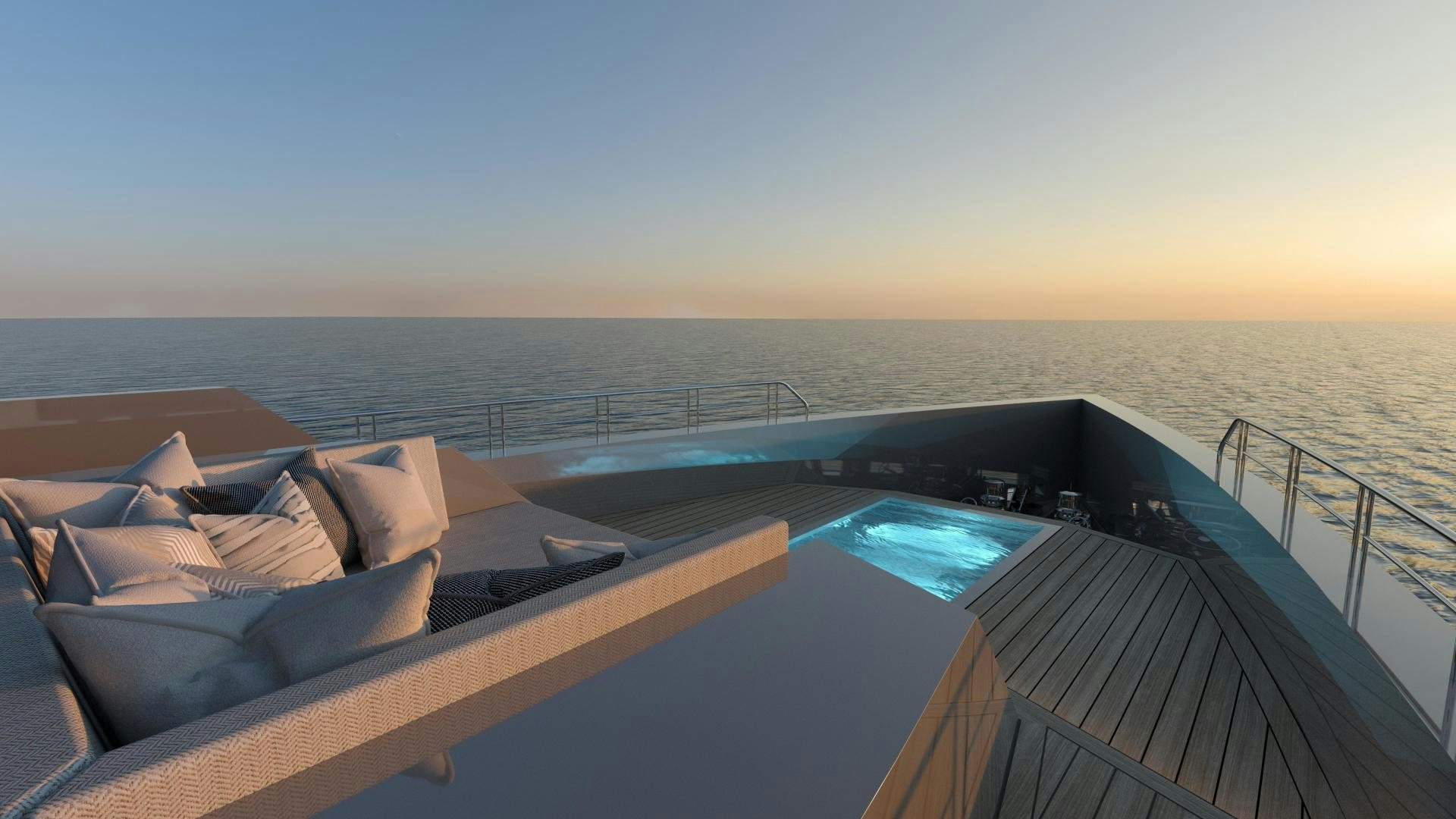 a large pool with a view of the ocean and the sunset aboard HEKATE, P372 Yacht for Sale