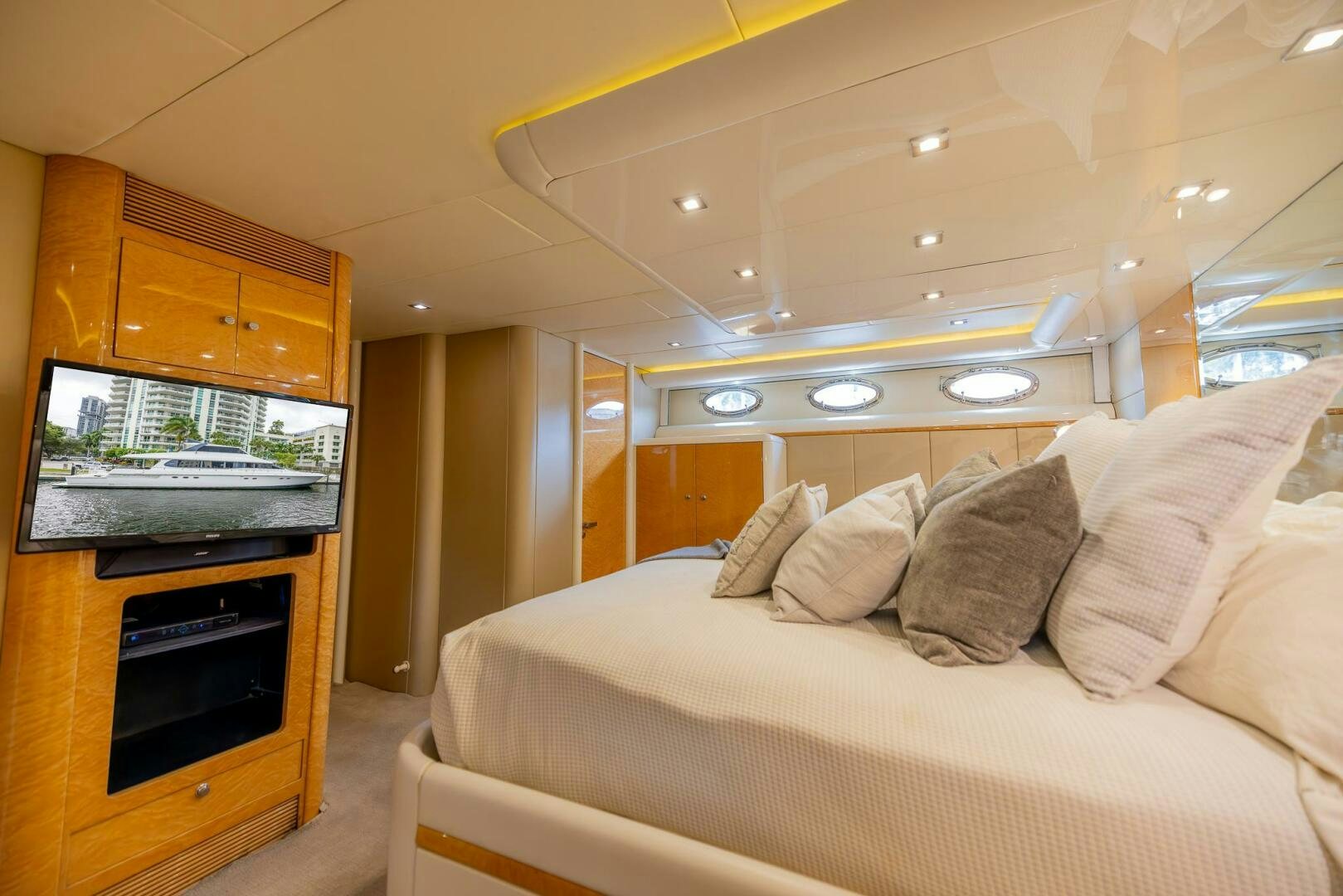 a bed in a room aboard BOURBON LEGEND Yacht for Sale