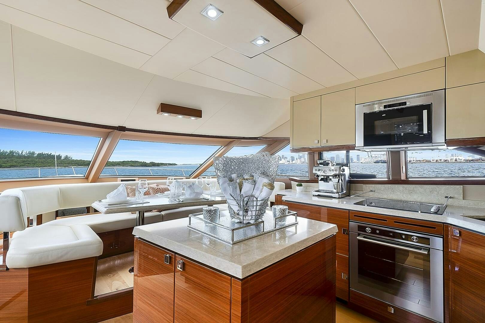 a kitchen with a large window aboard DREAM Yacht for Sale
