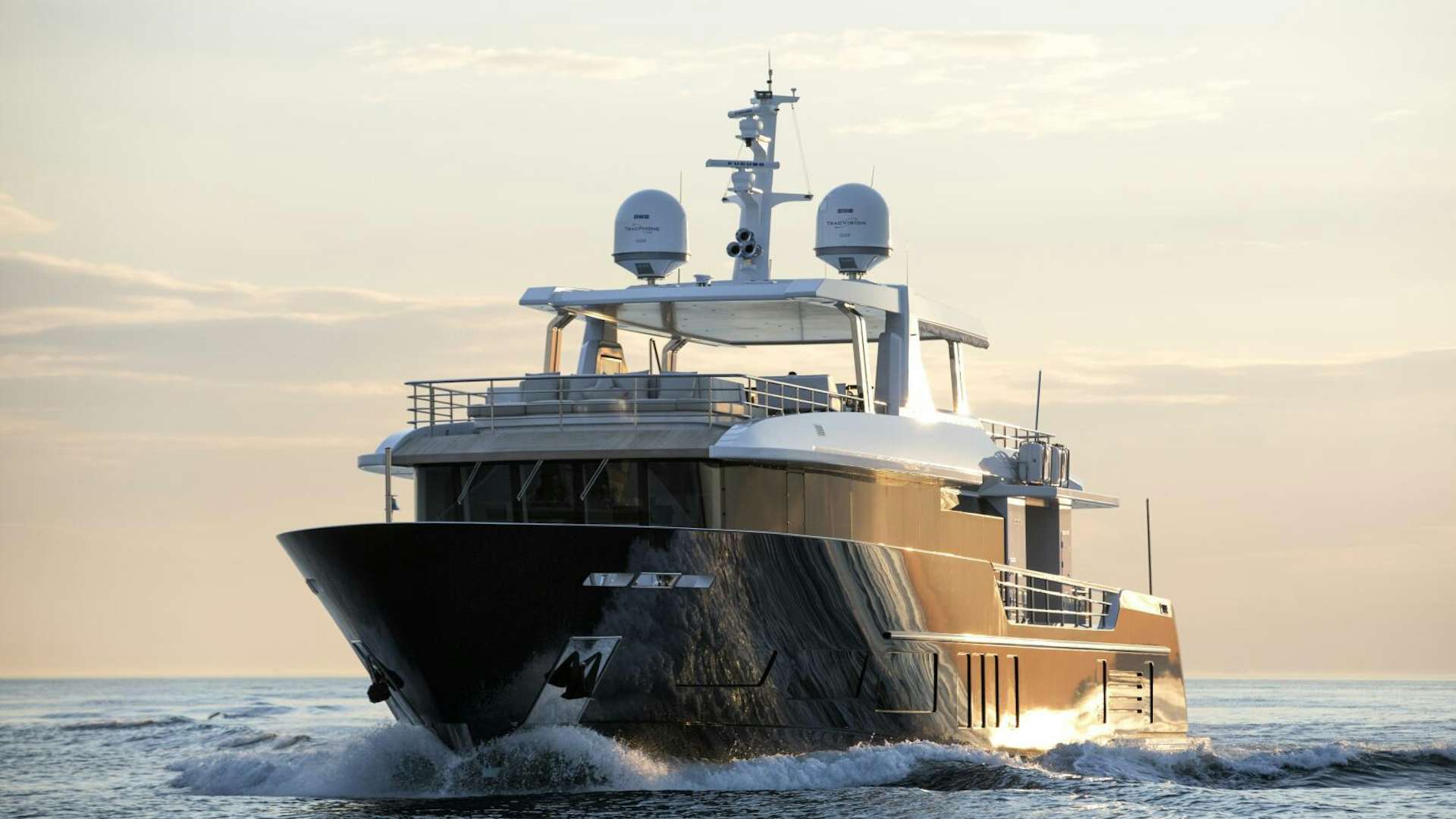 a large ship in the water aboard PICCOLO Yacht for Sale