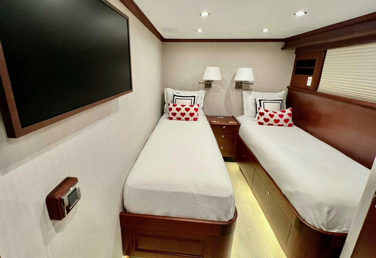 a room with two beds aboard LADY B Yacht for Sale