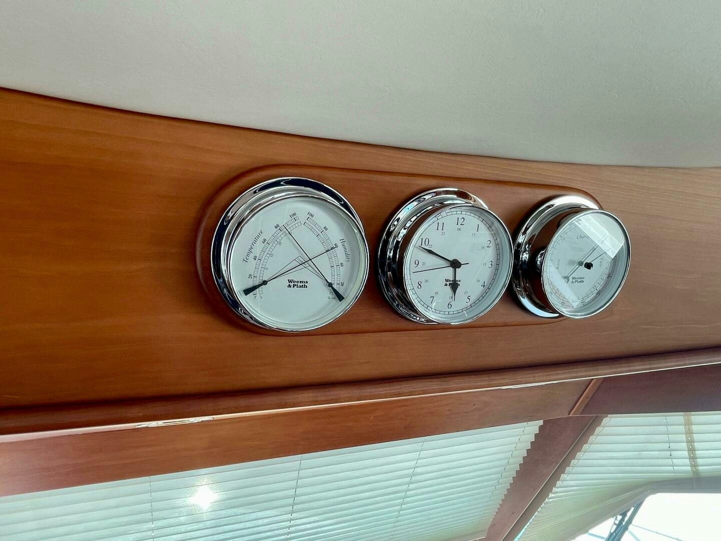a couple of clocks on a wooden surface aboard WHIRL AWAY Yacht for Sale