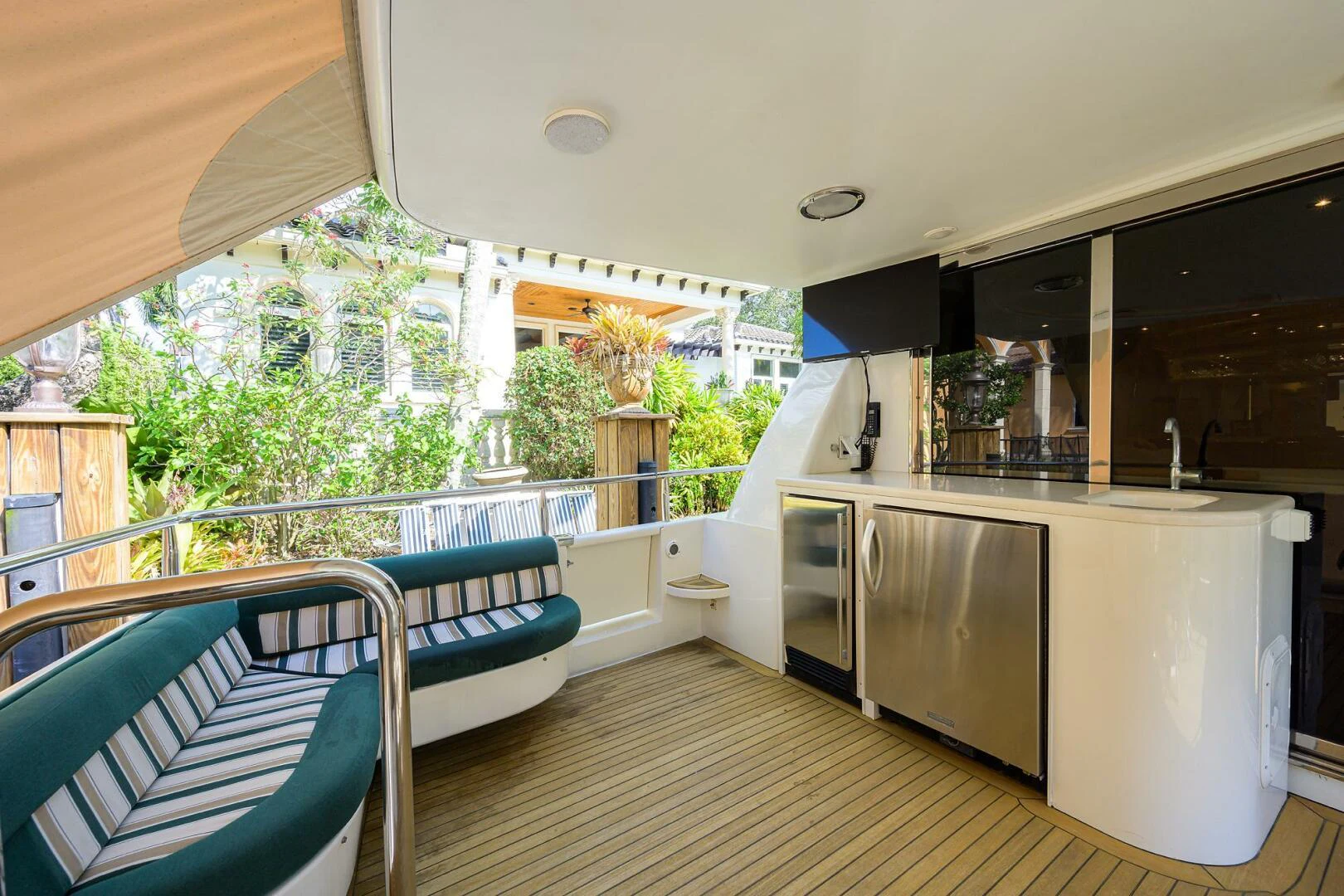 a large kitchen with a balcony aboard LOST TEXAN Yacht for Sale