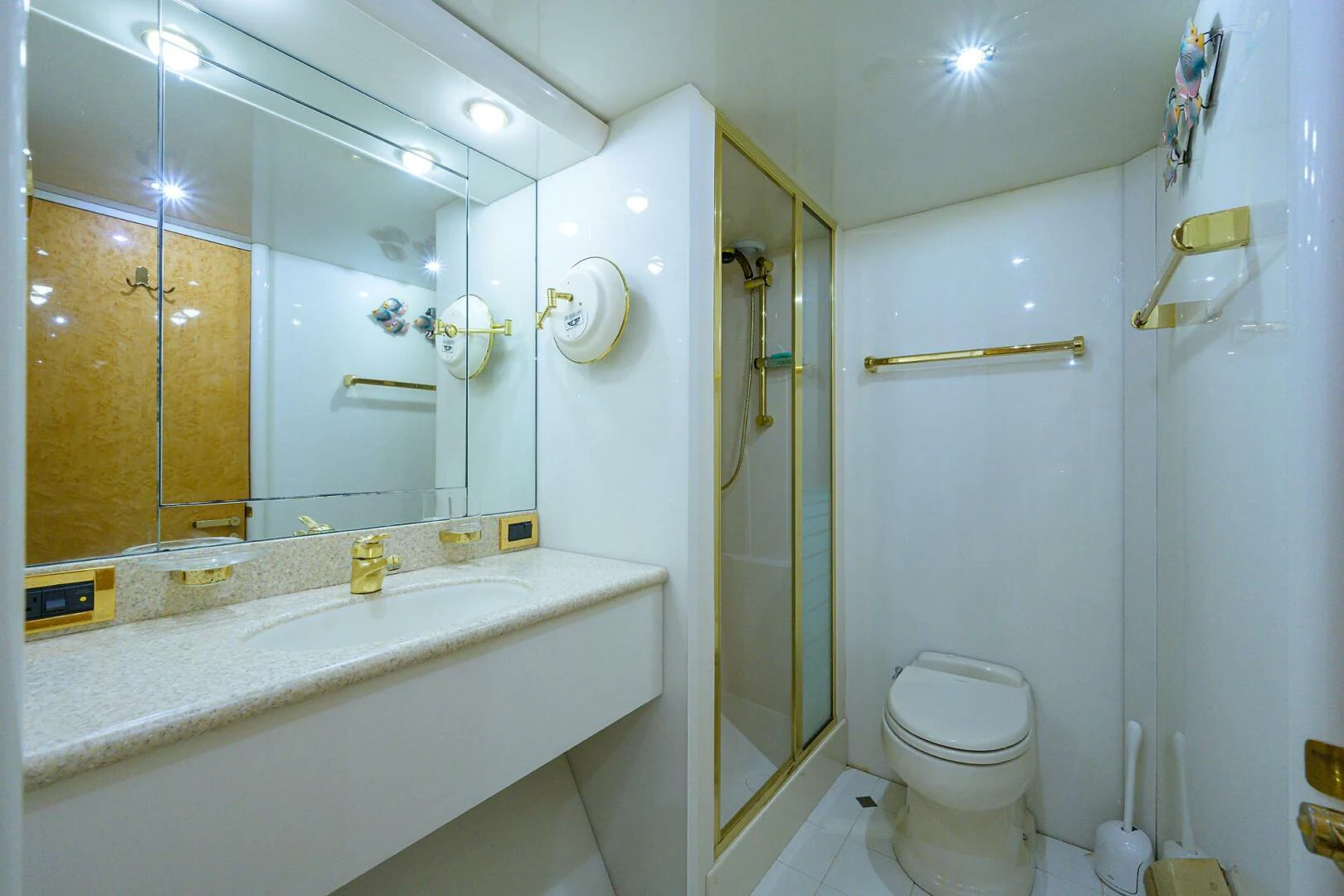 a bathroom with a glass shower aboard LOST TEXAN Yacht for Sale