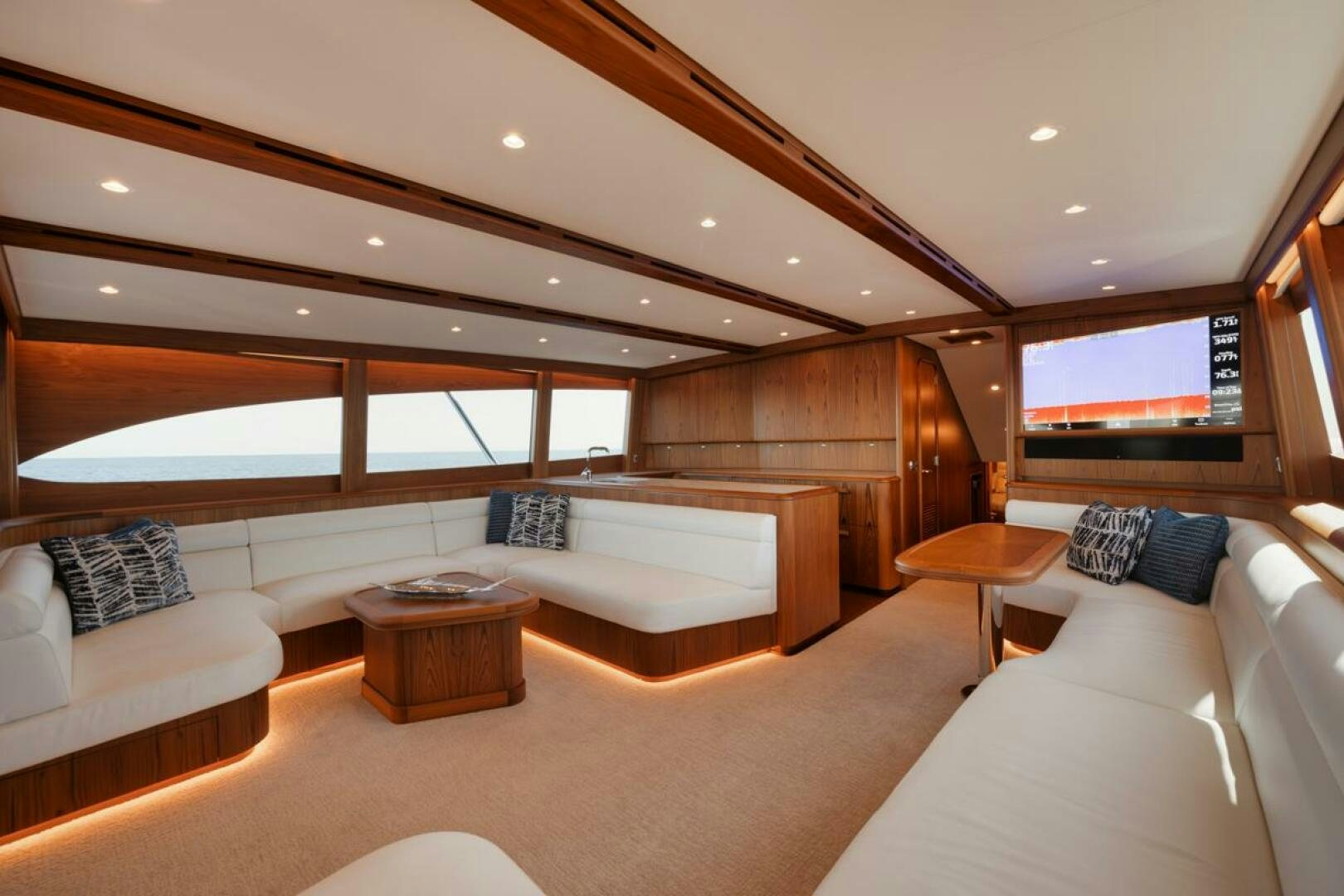 a modern looking living room aboard HULLBILLY Yacht for Sale