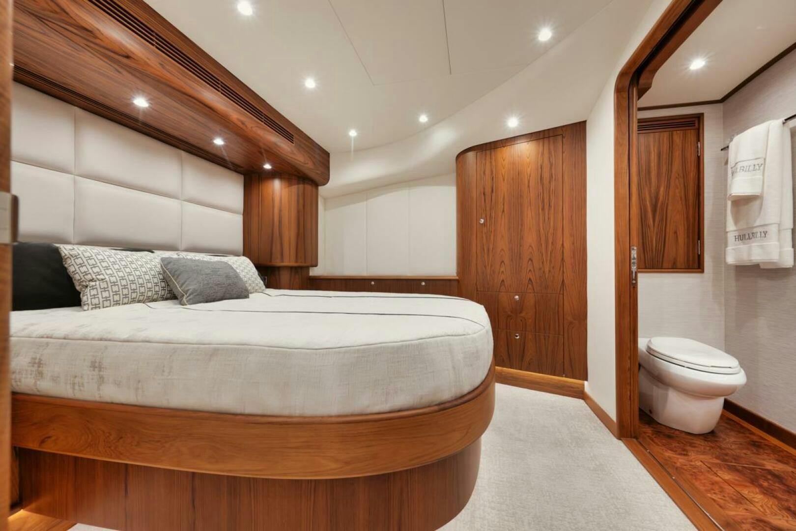 a bed in a room aboard HULLBILLY Yacht for Sale