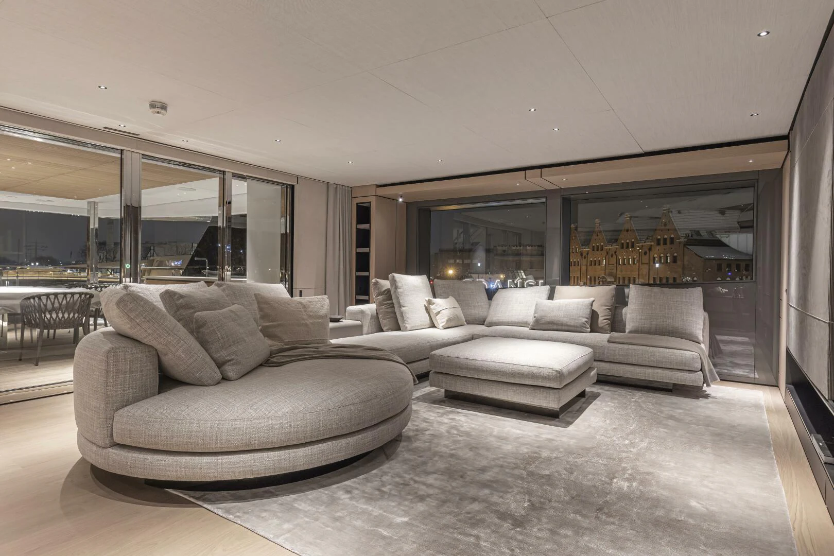 a living room with a large window aboard CONRAD C144S HULL 4 Yacht for Sale