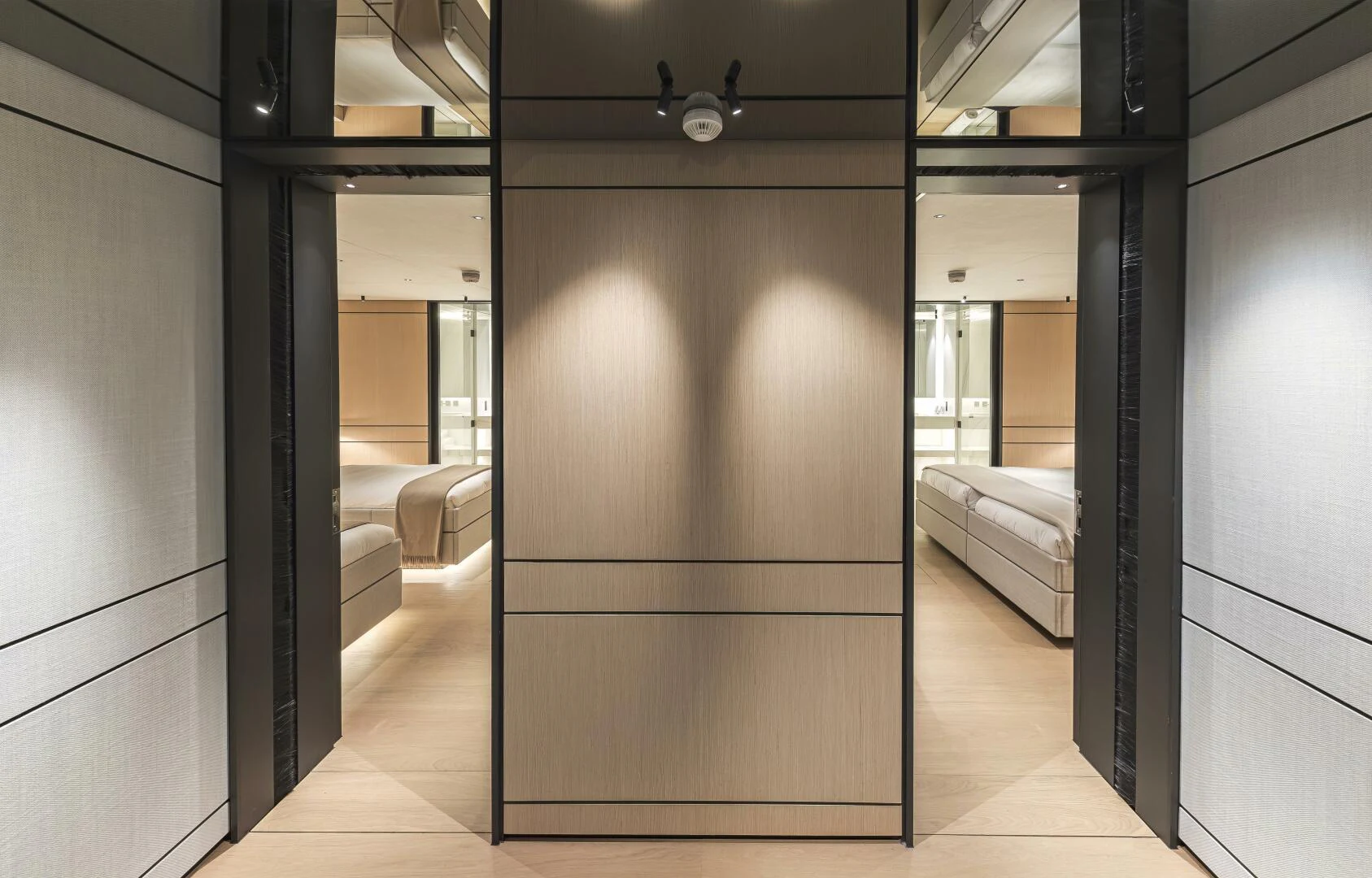 a room with a door and a bed aboard CONRAD C144S HULL 4 Yacht for Sale