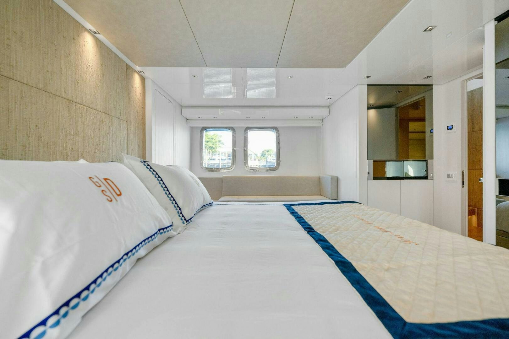 a bed in a room aboard SORI SAN LORENZO Yacht for Sale