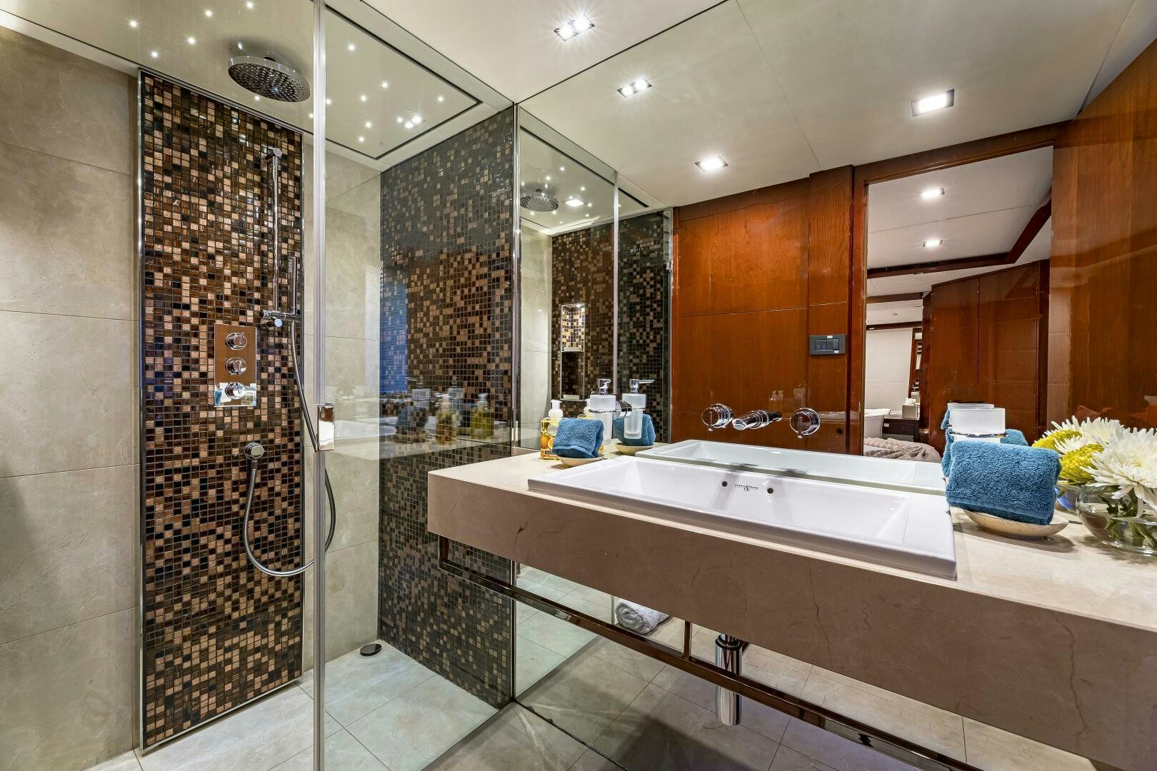 a bathroom with a large bathtub aboard BEACHFRONT II Yacht for Sale