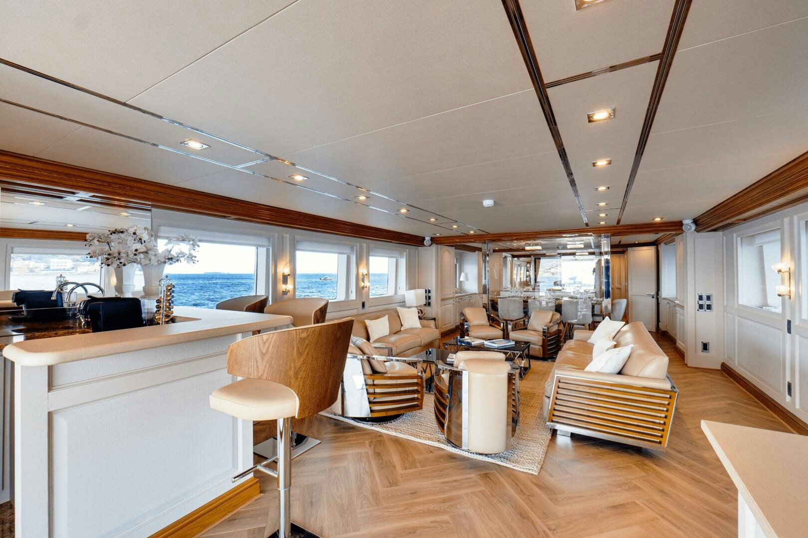 a large modern looking living room aboard EVA Yacht for Sale