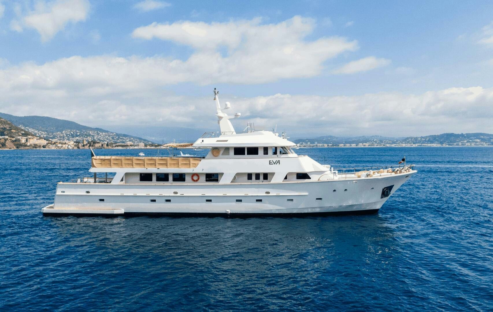 a white yacht in the water aboard EVA Yacht for Sale