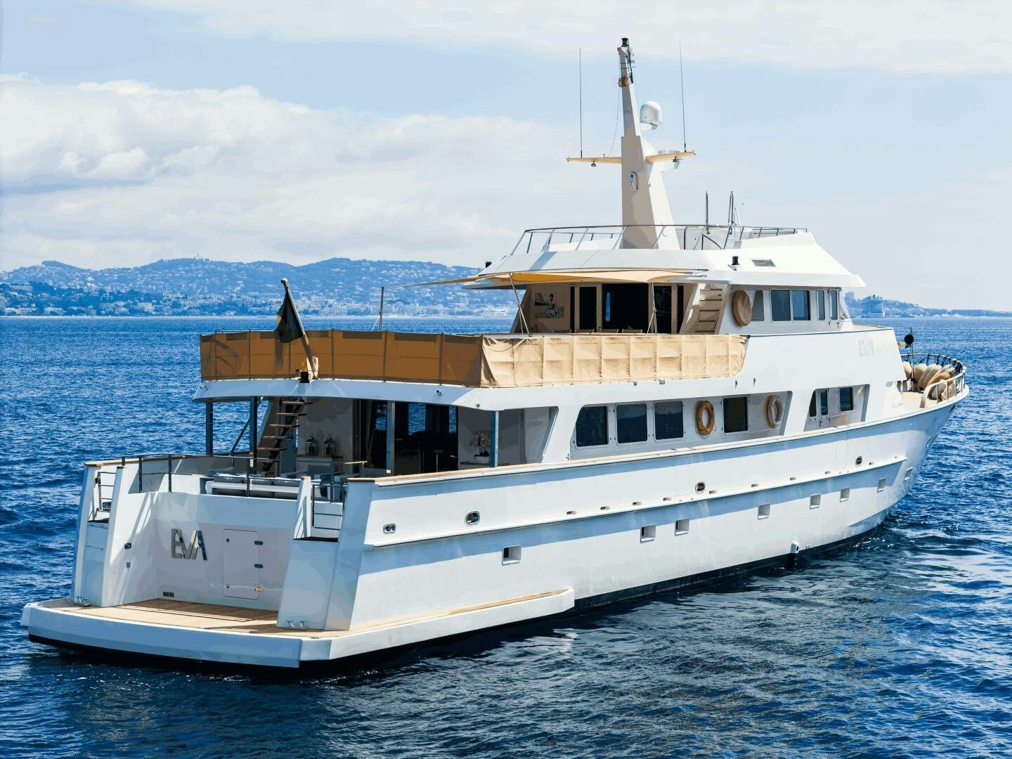 a large white boat in the water aboard EVA Yacht for Sale