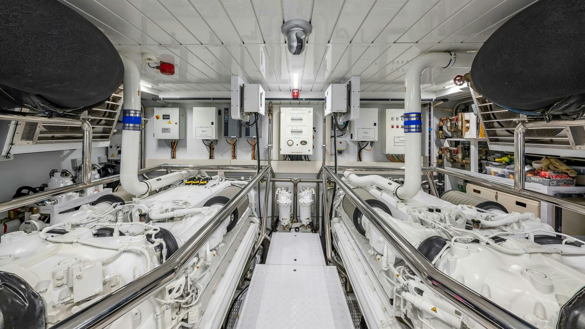 a room with many white pipes aboard WOMBAT Yacht for Sale