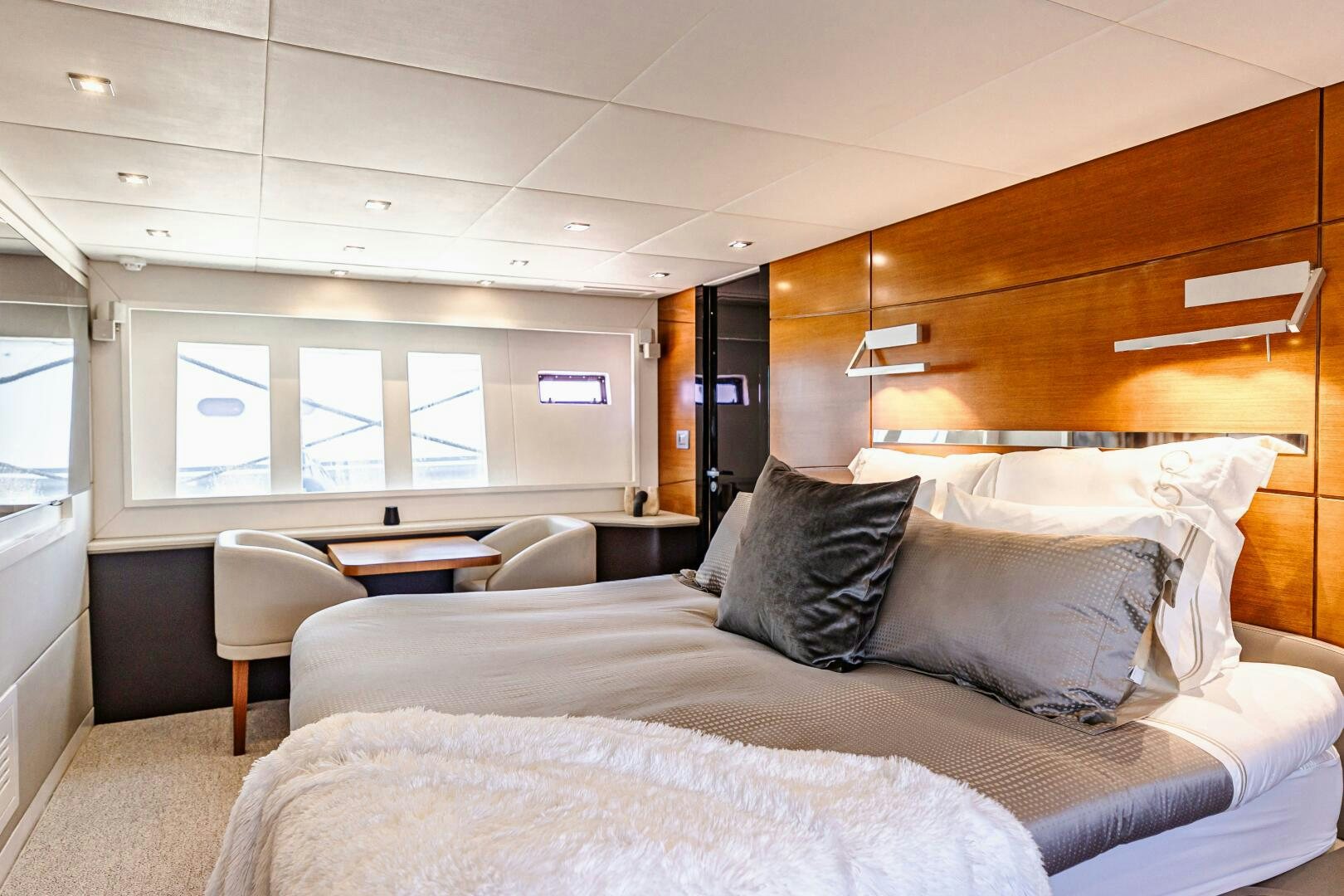 a large bed in a room aboard VELOCE II Yacht for Sale