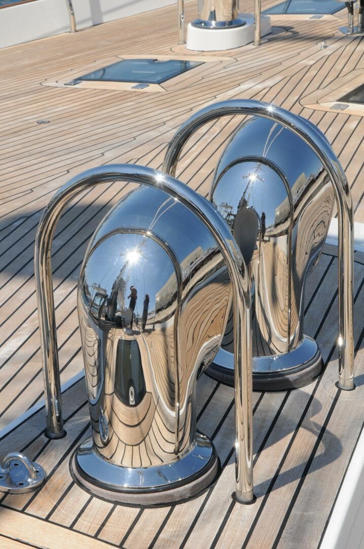 a large metal wheel aboard BILLY BUDD Yacht for Sale