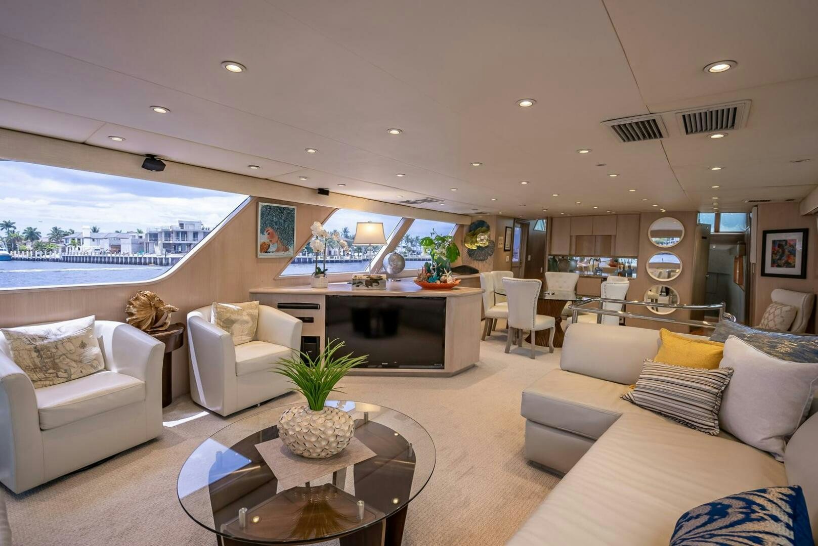 a living room with a large window aboard MY WAY Yacht for Sale