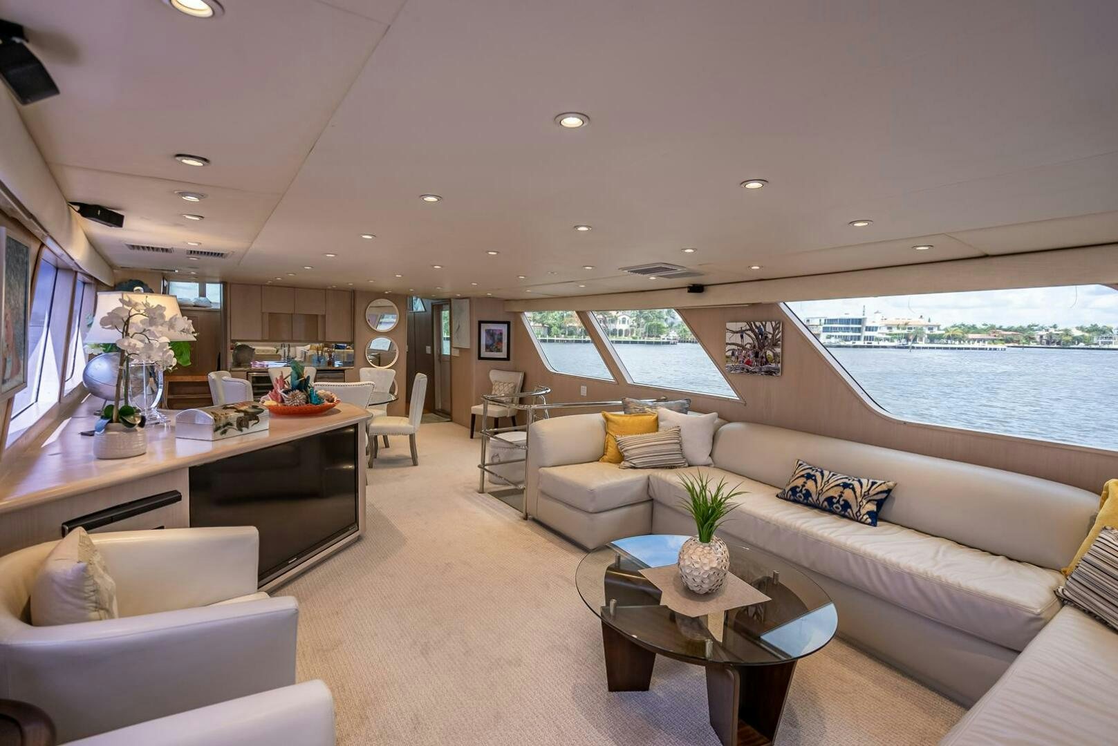 a living room with a large window aboard MY WAY Yacht for Sale
