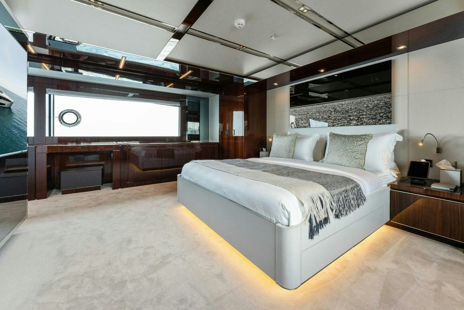 a large bedroom with a large bed aboard CHOP CHOP Yacht for Sale