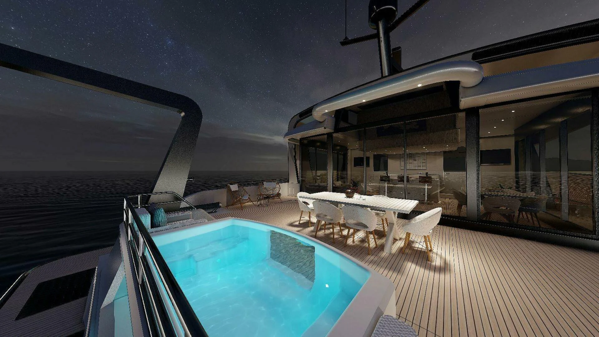 a swimming pool in a room aboard NAVCAT Yacht for Sale