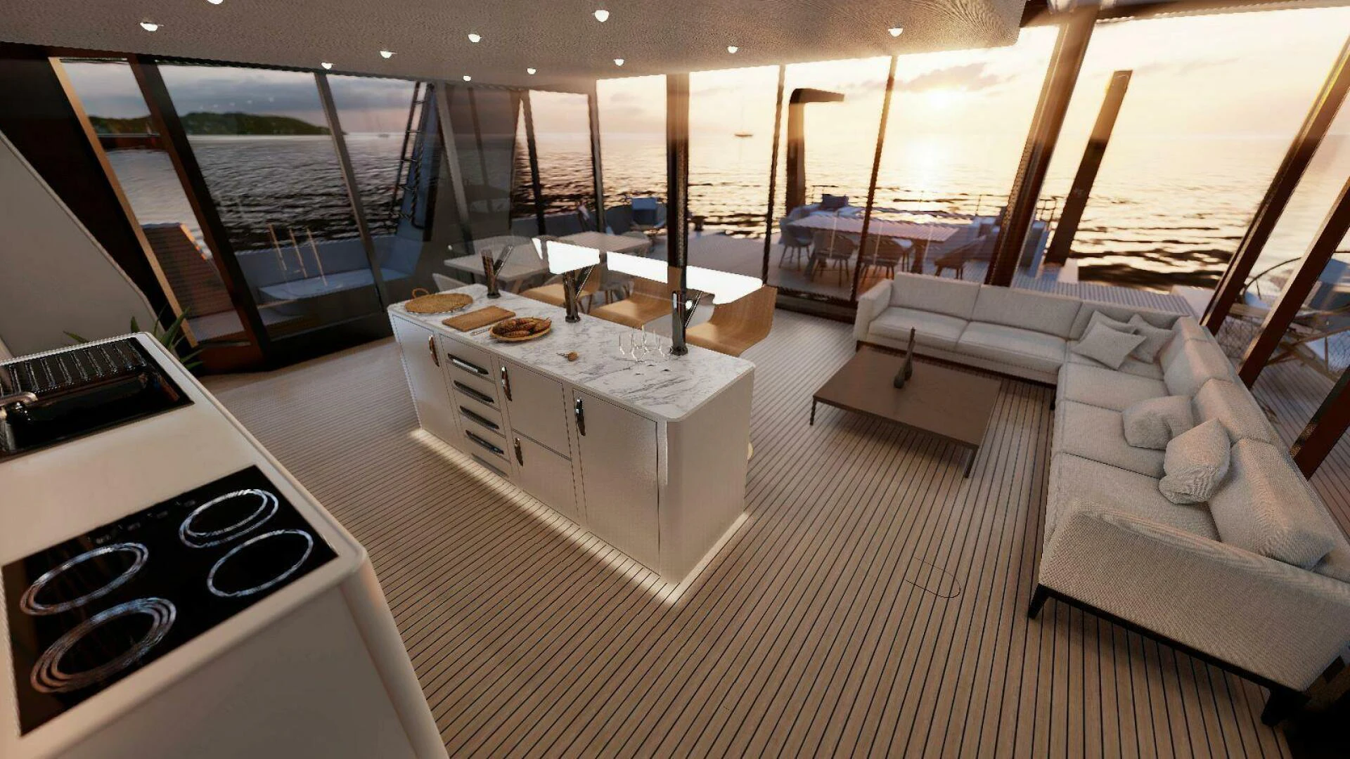 a room with a couch and a table aboard NAVCAT Yacht for Sale