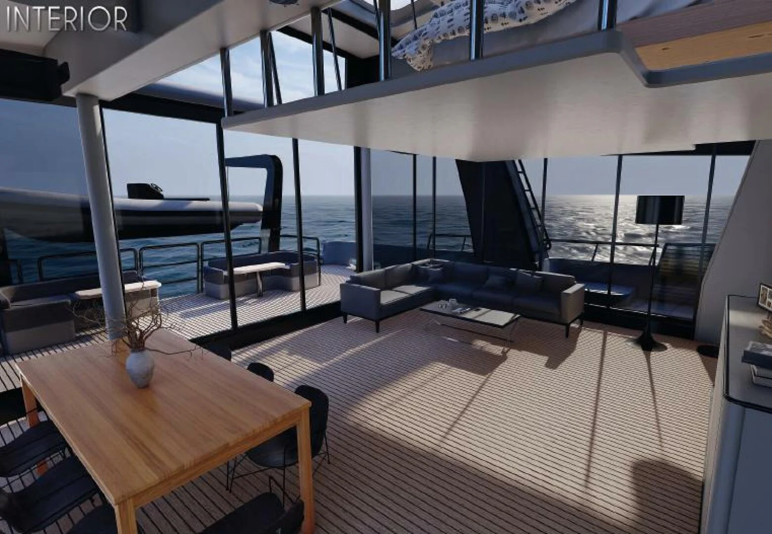 a room with a couch and a table and a window aboard NAVCAT Yacht for Sale