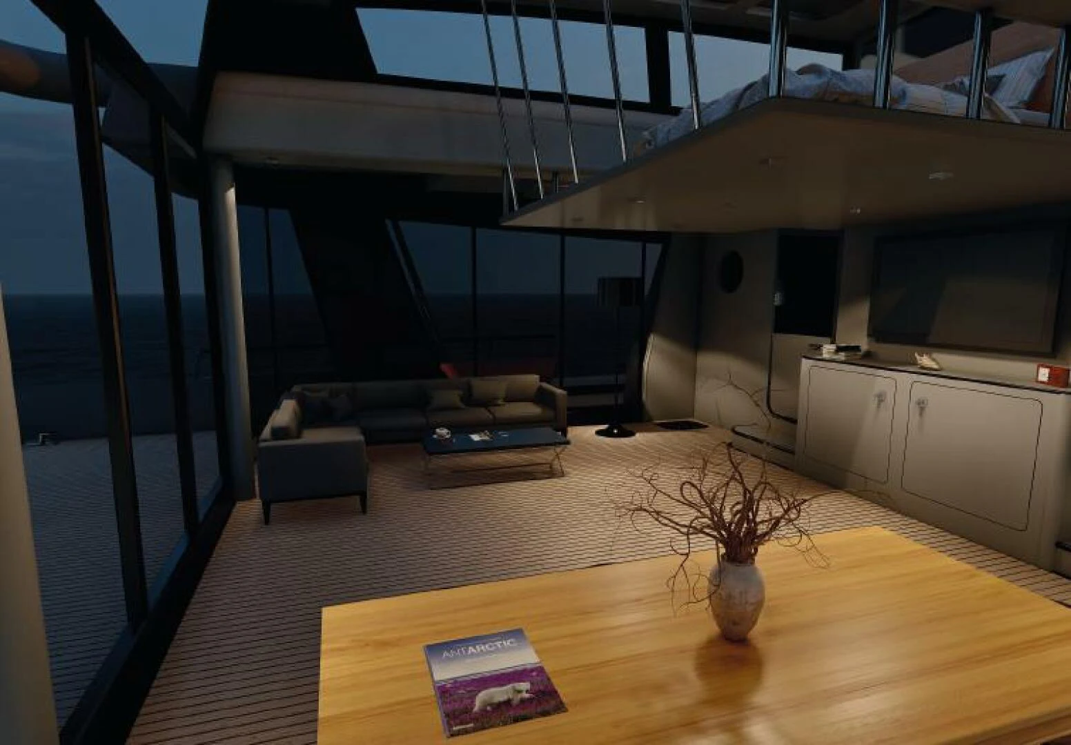 a living room with a large window aboard NAVCAT Yacht for Sale