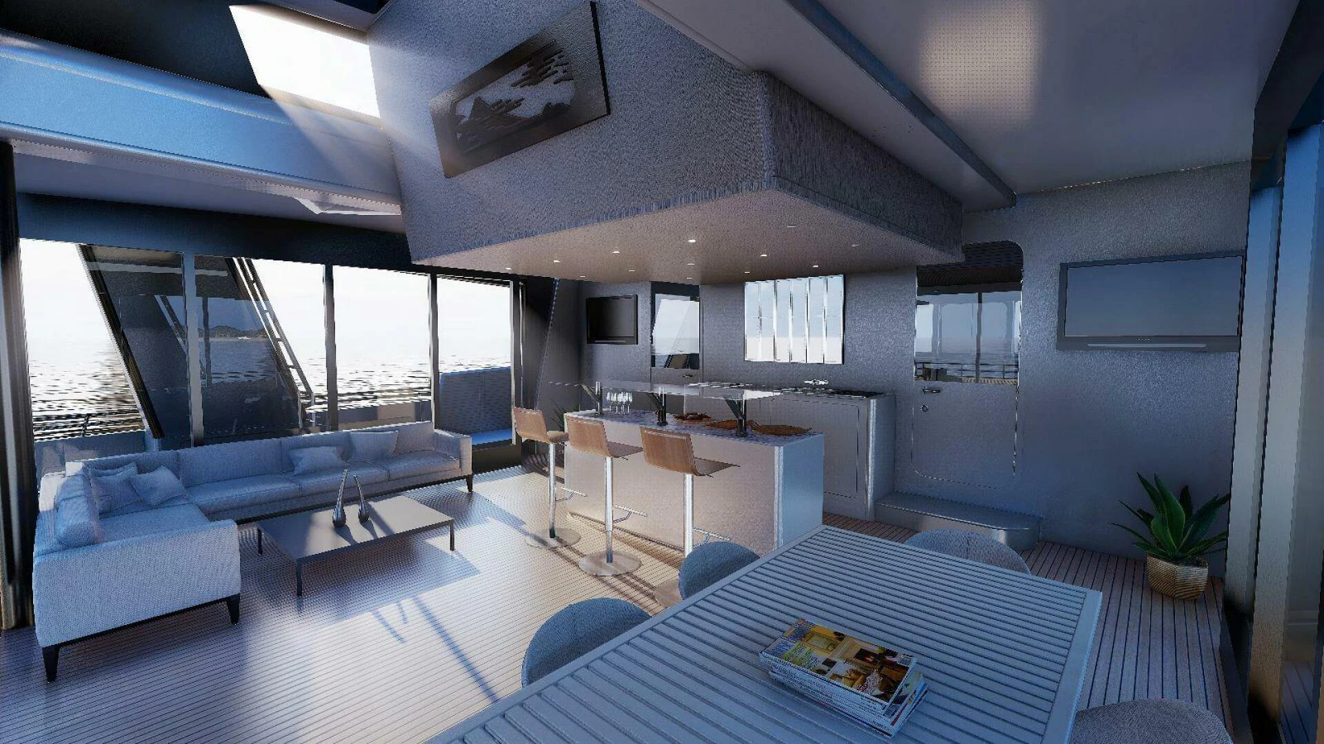 a room with a table and chairs aboard NAVCAT Yacht for Sale