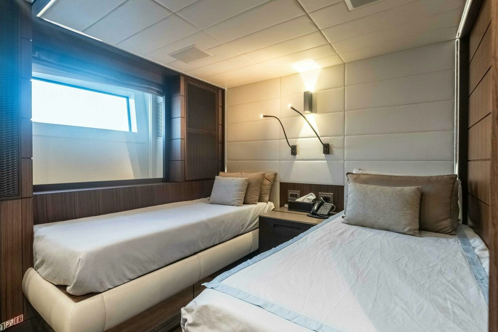 a room with two beds aboard SAFAD Yacht for Sale