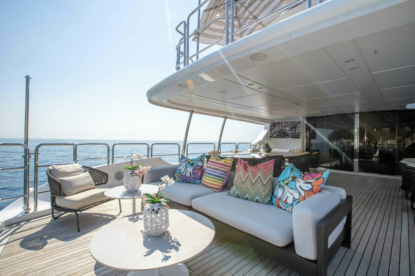 a living room with a large balcony aboard SAFAD Yacht for Sale
