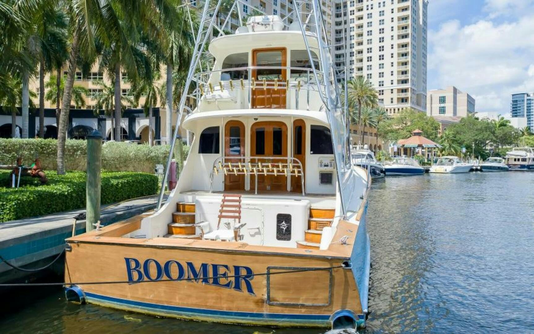a boat docked at a pier aboard BOOMER Yacht for Sale