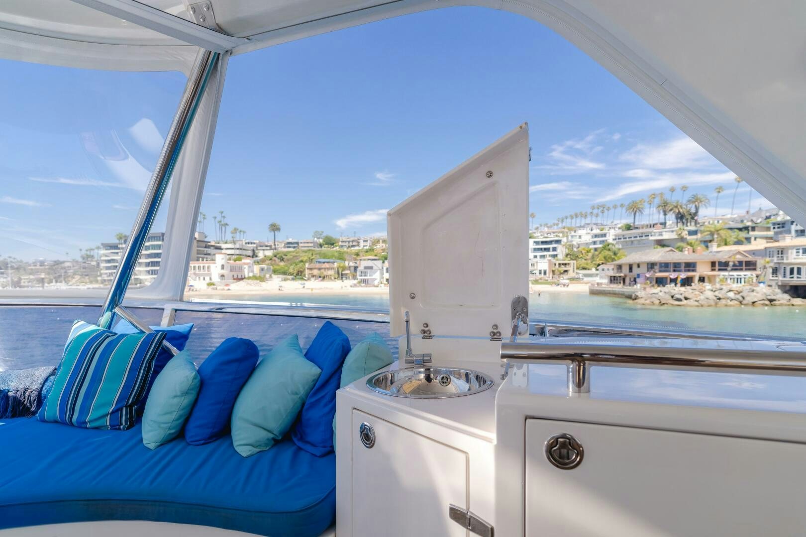 a boat with blue pillows aboard LADY LAURA Yacht for Sale