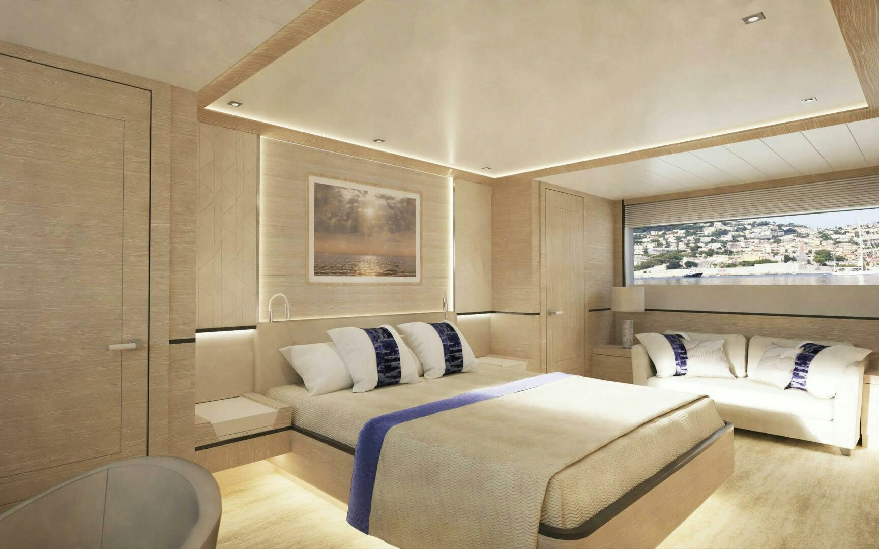 a room with two beds aboard PROJECT ABACOS Yacht for Sale