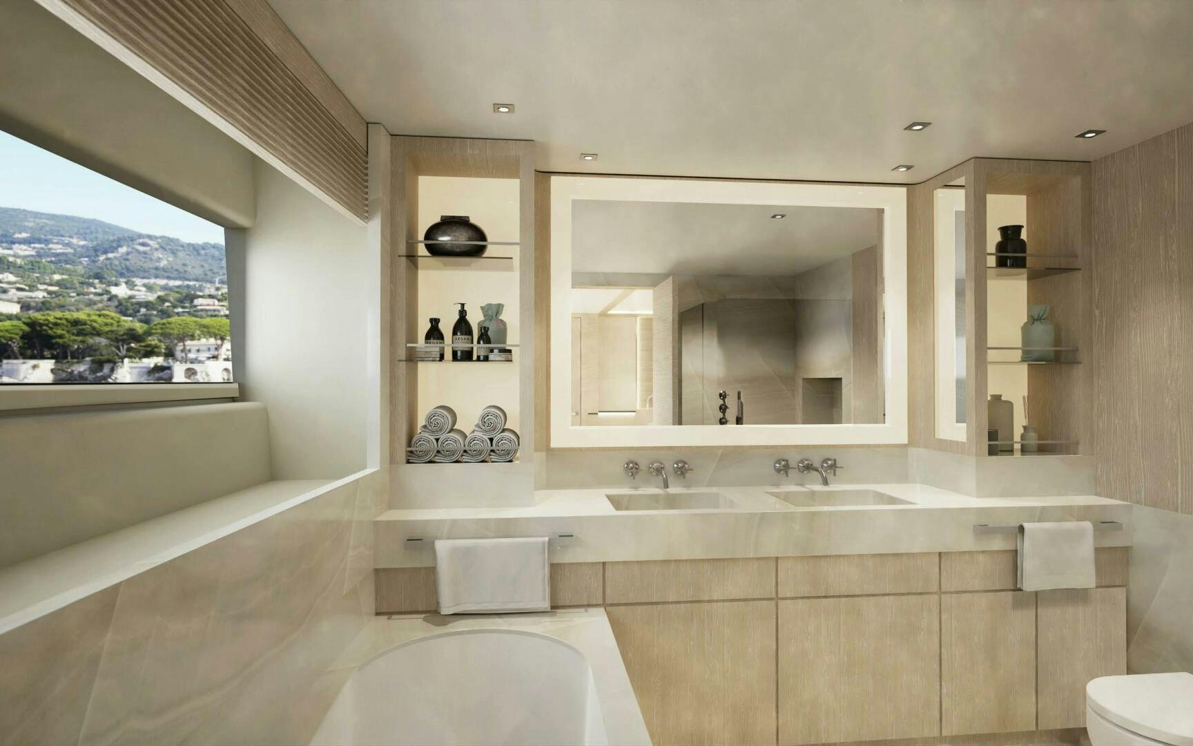 a bathroom with a large mirror aboard PROJECT ABACOS Yacht for Sale