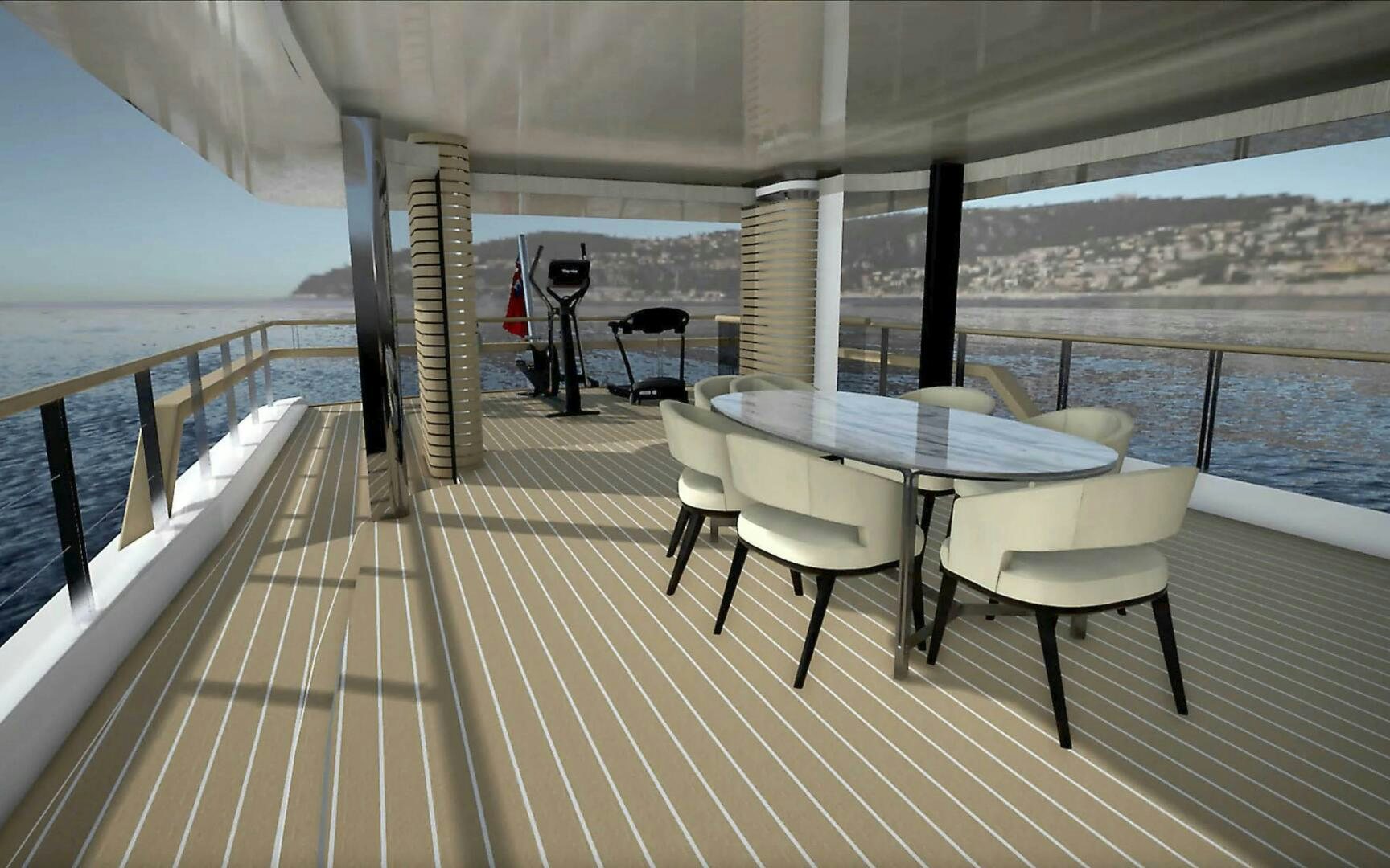 a table and chairs on a deck aboard PROJECT ABACOS Yacht for Sale