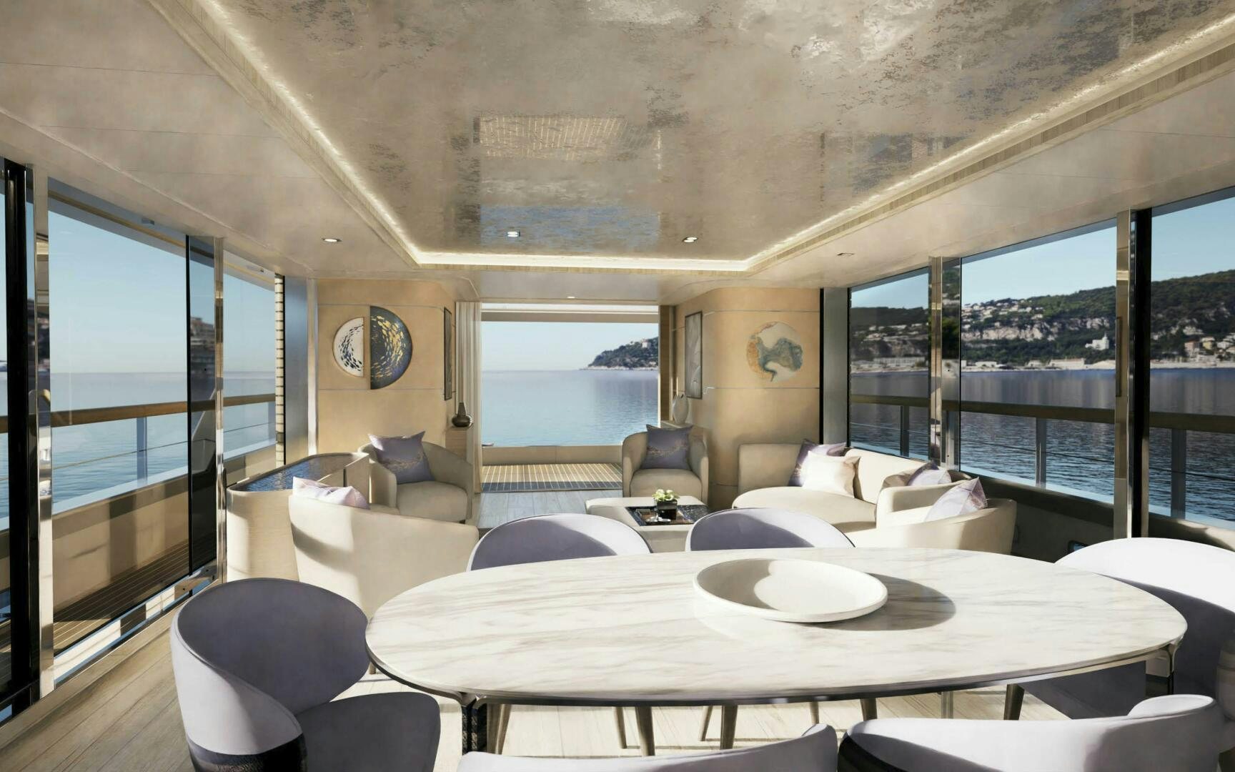 a room with a large table and chairs and a large window aboard PROJECT ABACOS Yacht for Sale