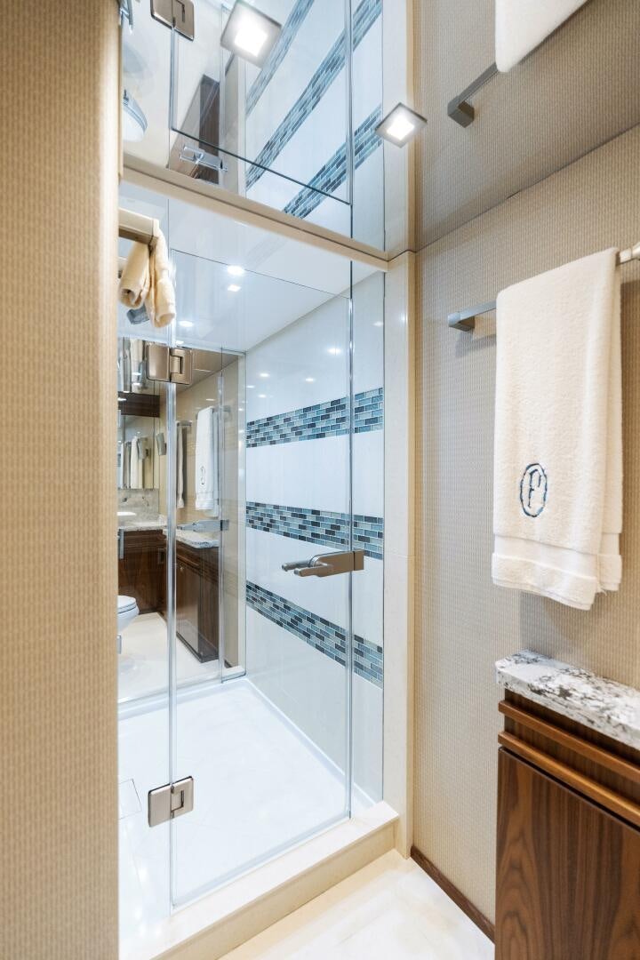 a shower unit in a bathroom aboard SOLONIAN Yacht for Sale