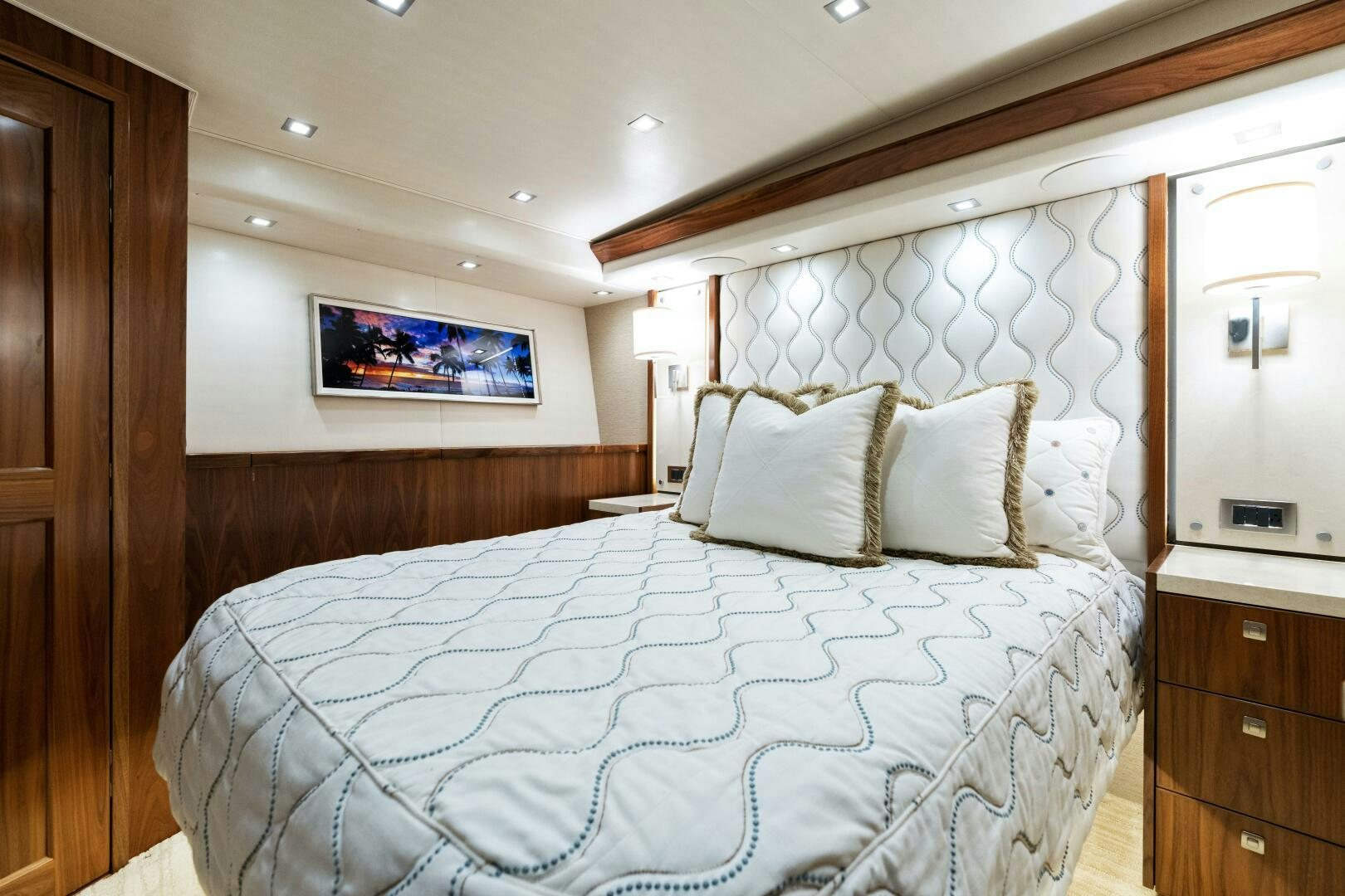a bed with white sheets aboard SOLONIAN Yacht for Sale
