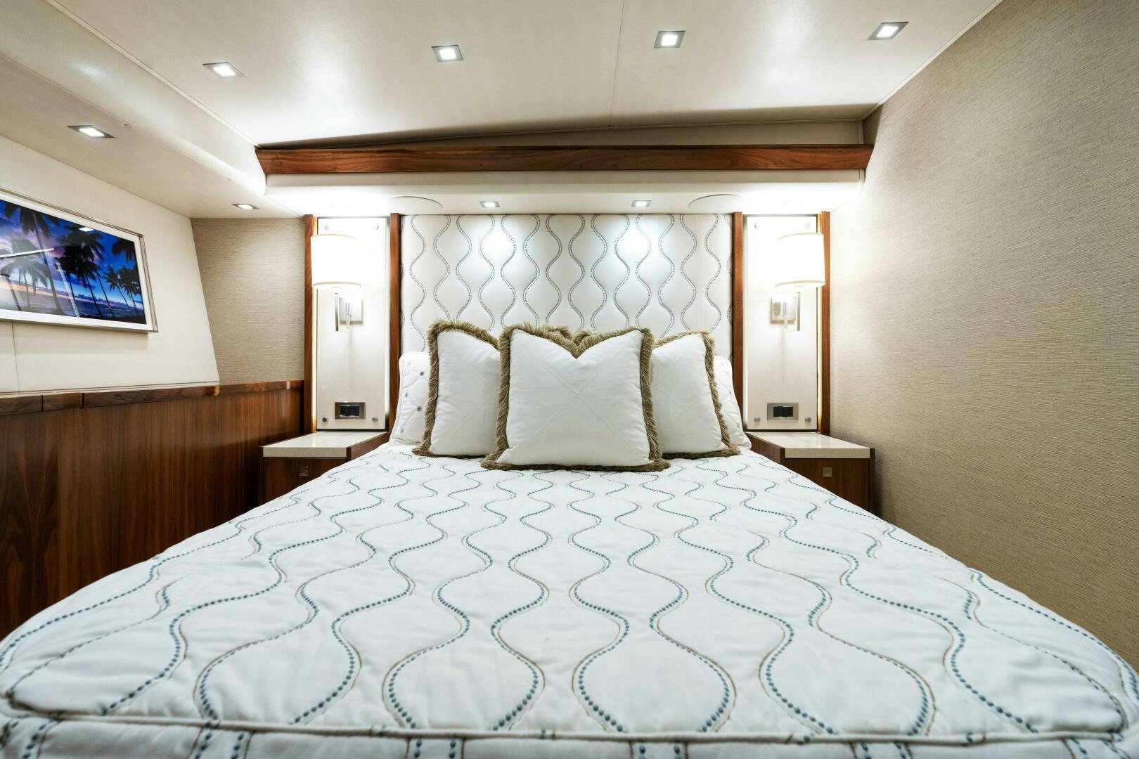 a bed with white sheets aboard SOLONIAN Yacht for Sale