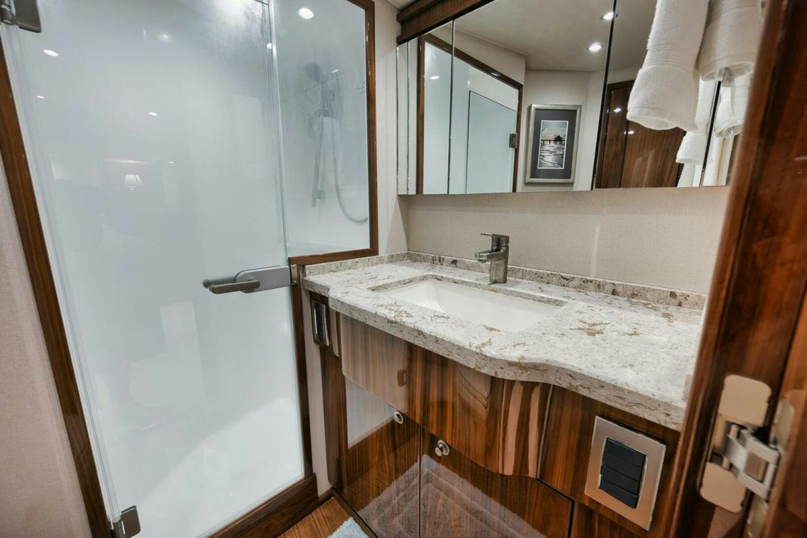 a bathroom with a countertop sink aboard WHY KNOT Yacht for Sale