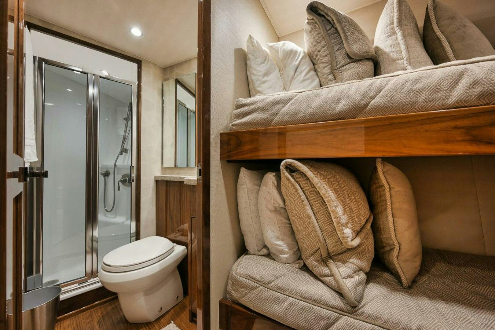 a bathroom with a large bed aboard WHY KNOT Yacht for Sale