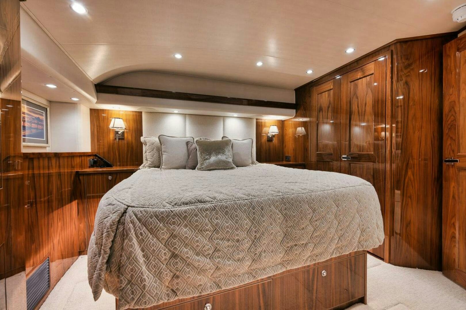 a large bed in a room aboard WHY KNOT Yacht for Sale