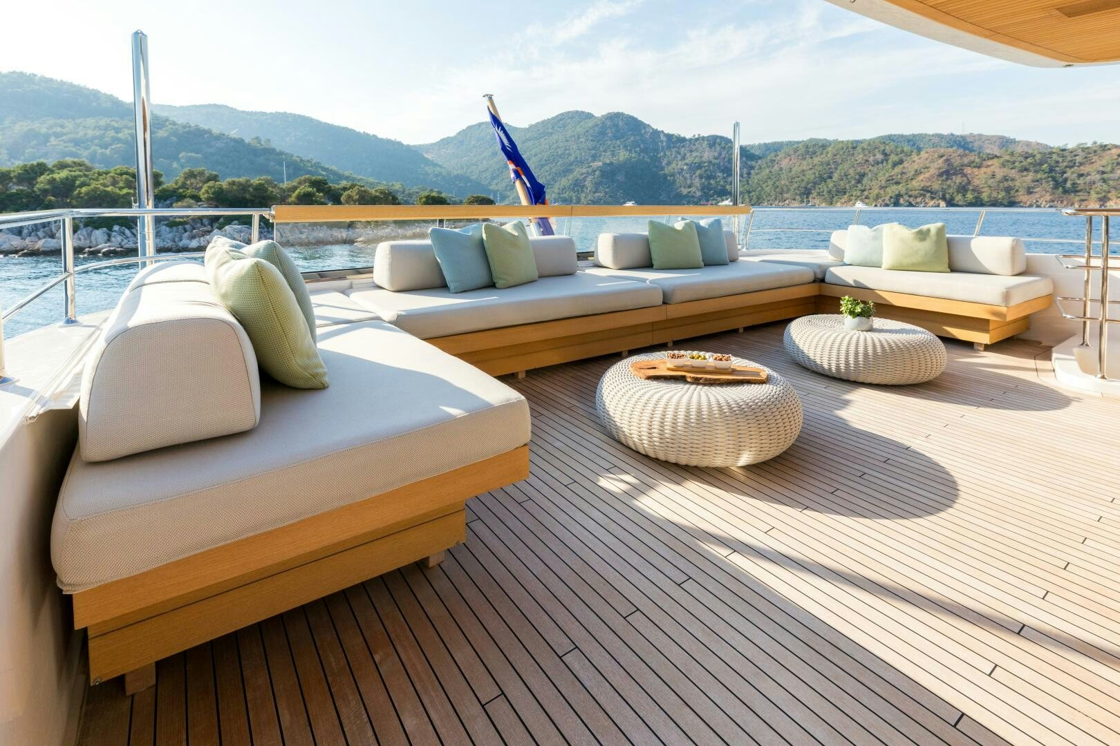 a deck with a large patio area aboard GLORY Yacht for Sale
