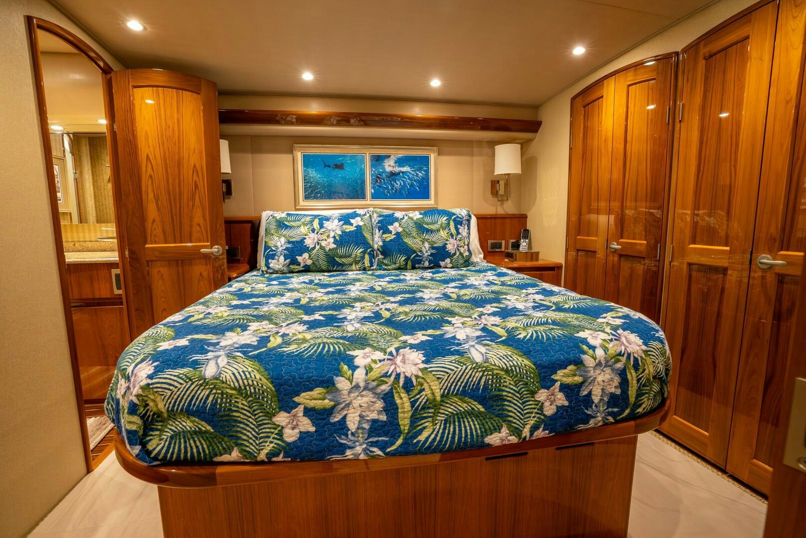 a bed in a room aboard NO COLLARS Yacht for Sale
