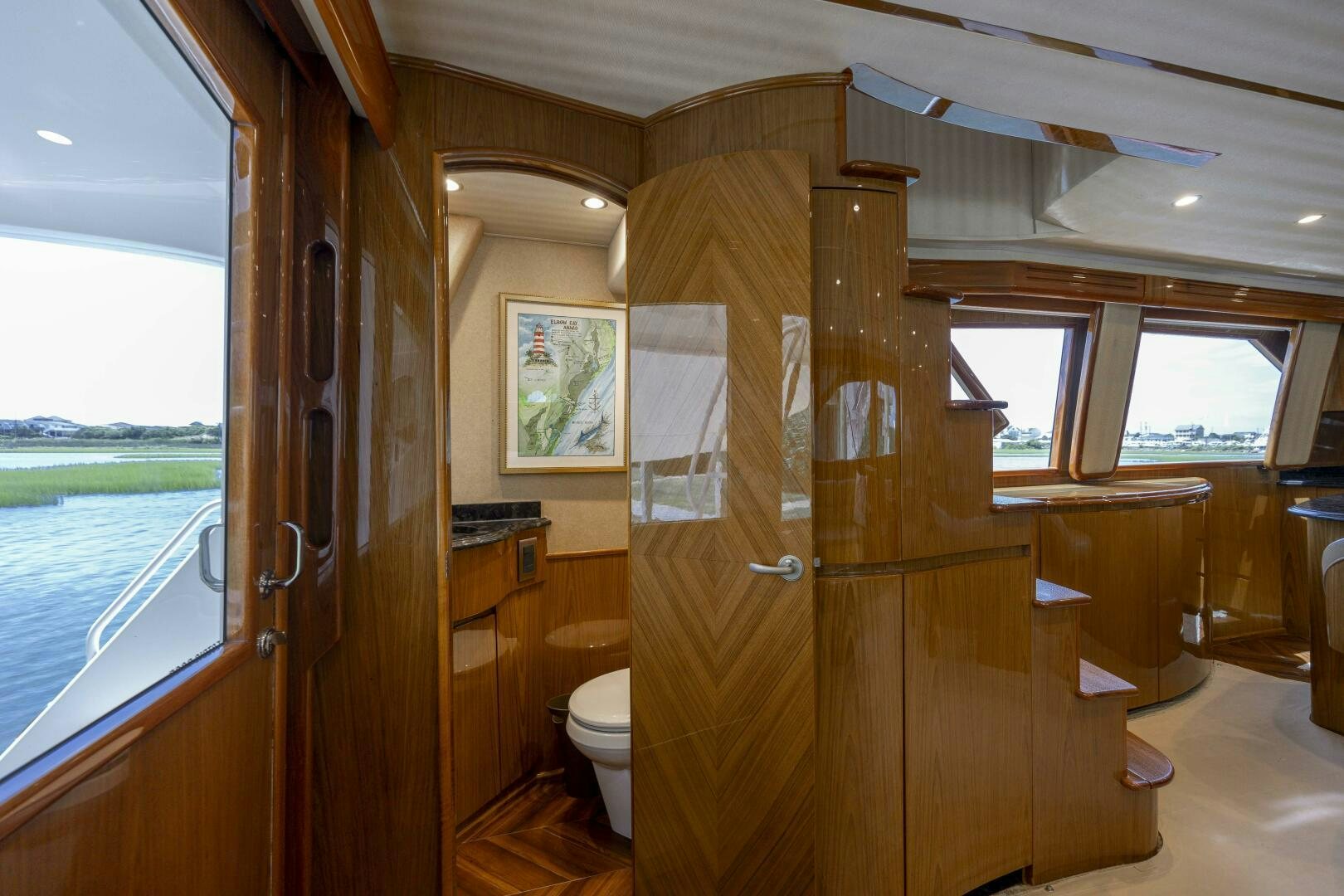 a bathroom with wood walls aboard SAVING GRACE Yacht for Sale
