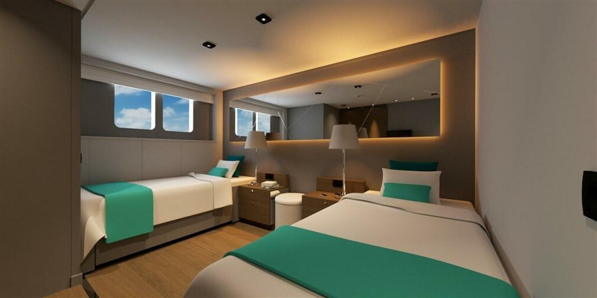 a room with two beds aboard PROJECT NIRVANA Yacht for Sale