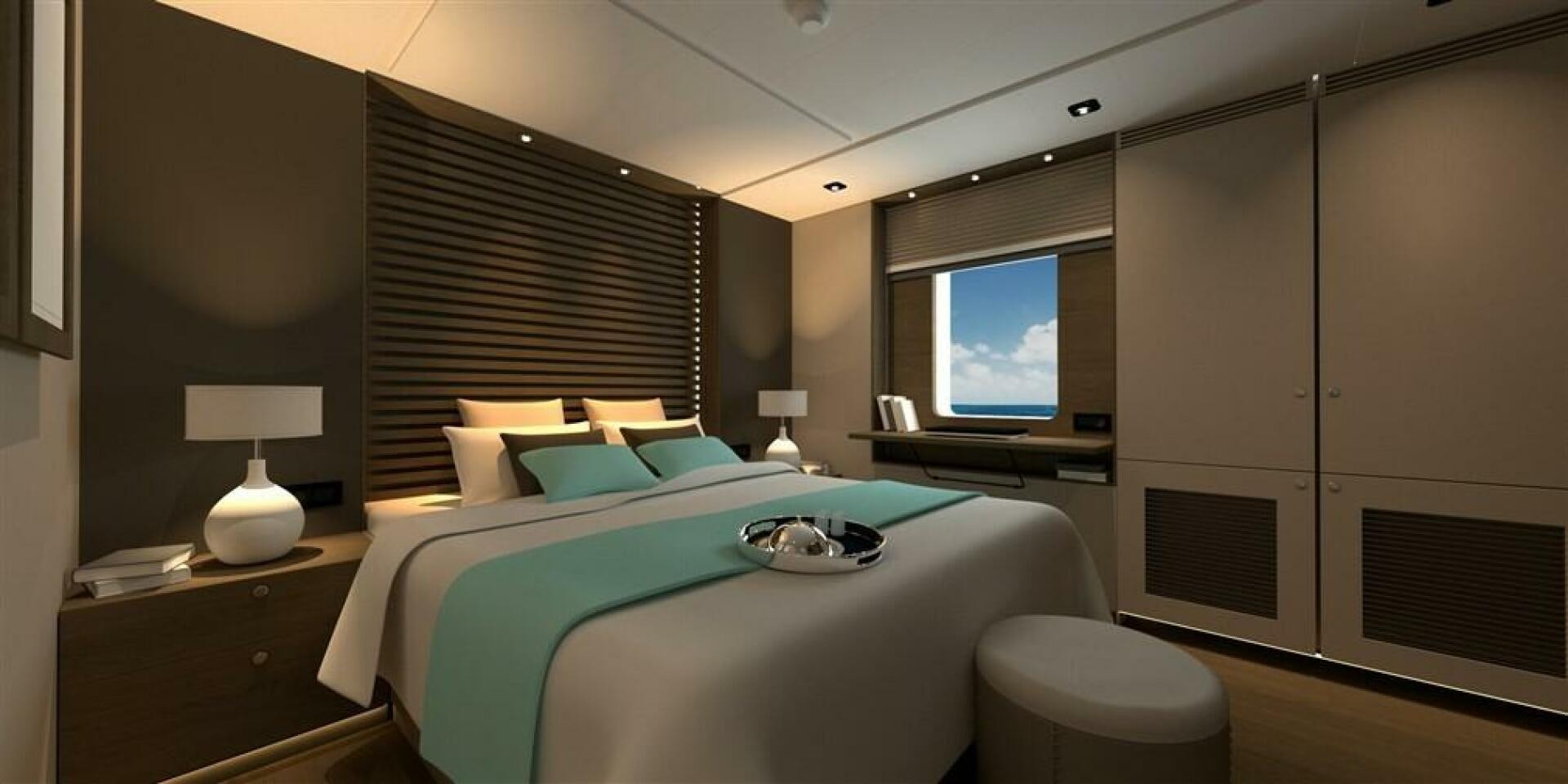 a bedroom with a bed and a television aboard PROJECT NIRVANA Yacht for Sale