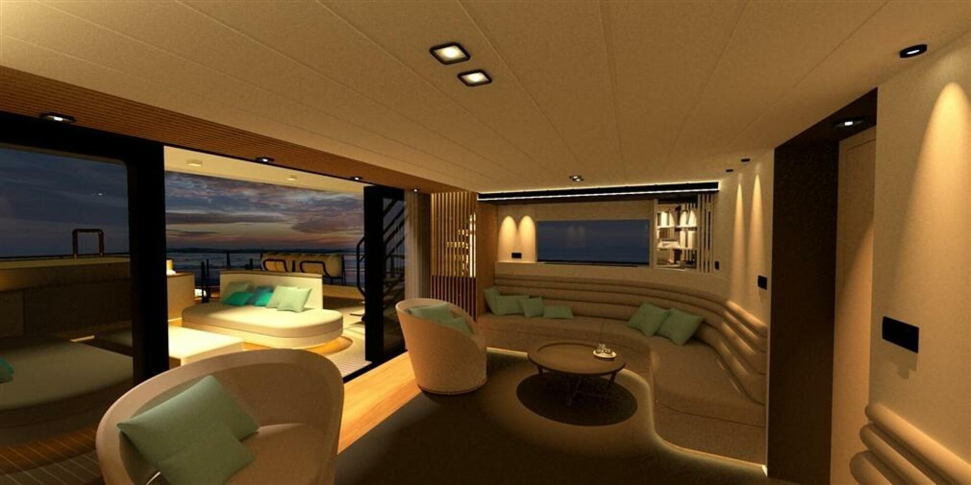 a room with a large bed and a large window aboard PROJECT NIRVANA Yacht for Sale