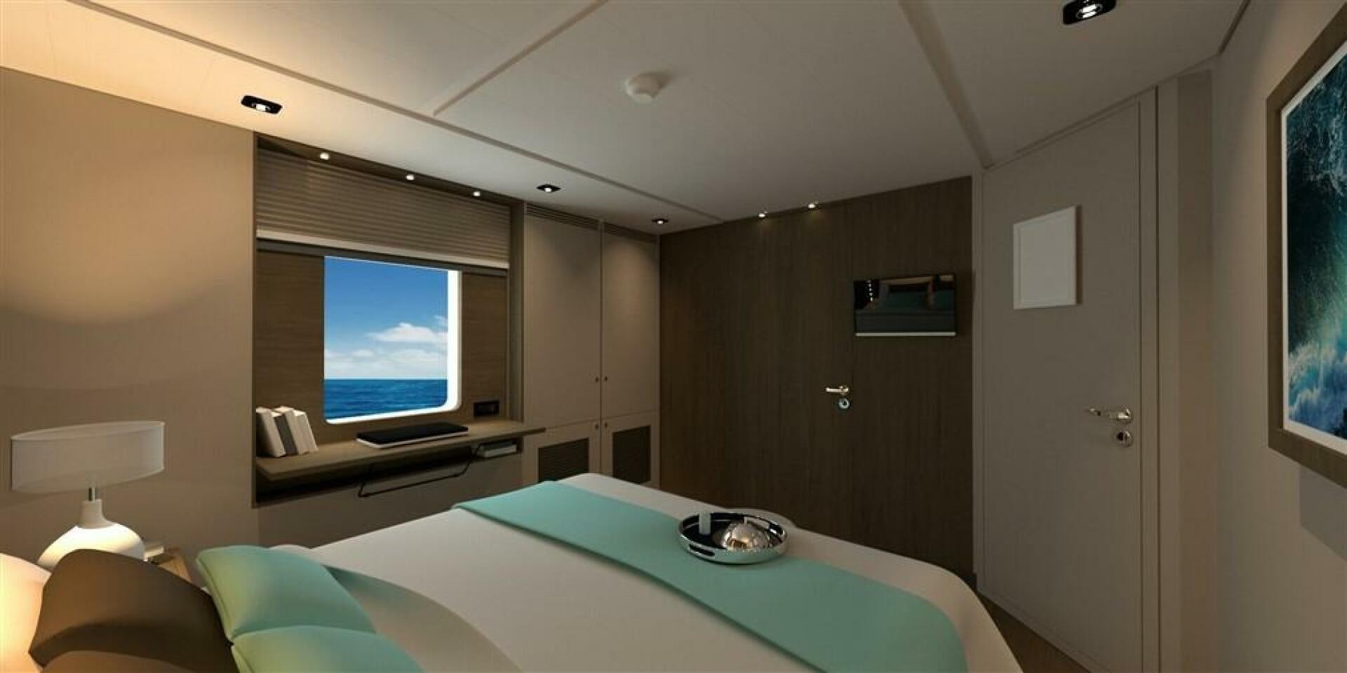 a room with a table and tv aboard PROJECT NIRVANA Yacht for Sale